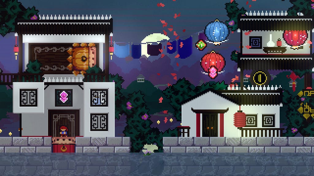A screenshot of the map Nelumbo. Madeline is inside a white housing structure, resembling Chinese architecture. The houses reside alongside a clear blue river, with lanterns floating around them. In the background is a bright twilight sky with the moon peeking over the clouds.