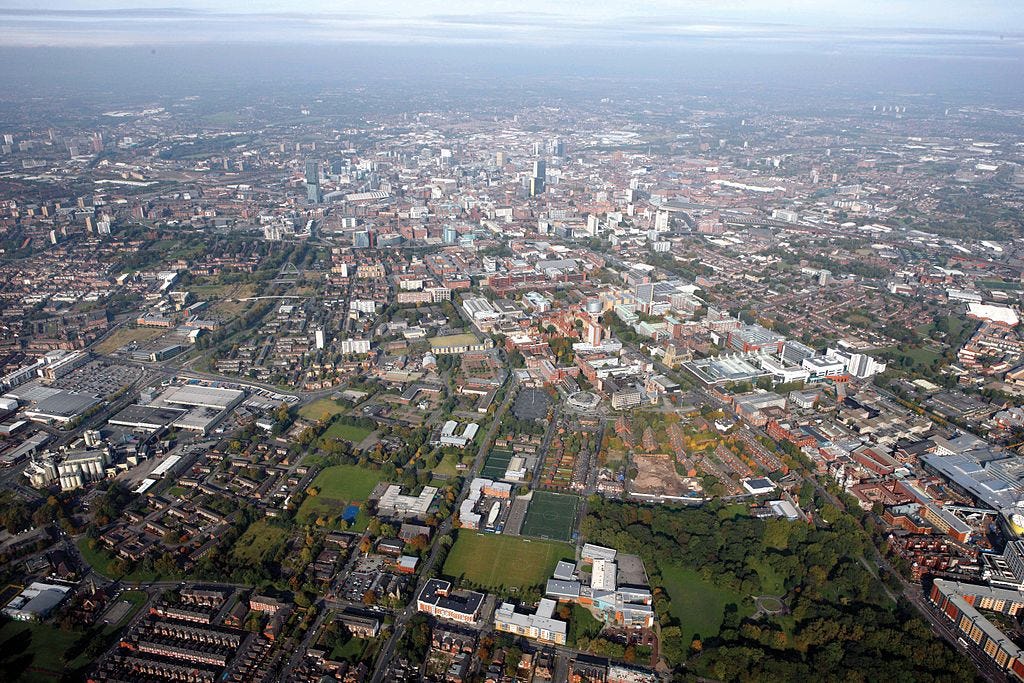 An aerial view of the city of Manchester, England