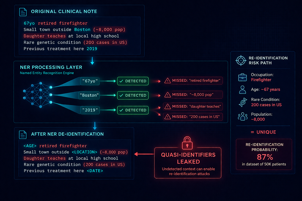 Technical diagram showing clinical note processing through NER de-identification engine, highlighting successfully detected identifiers (age, location, date) in green and missed quasi-identifiers (occupation, population size, rare condition prevalence, family relationships) in red, with re-identification probability calculation showing 87% uniqueness despite NER processing.