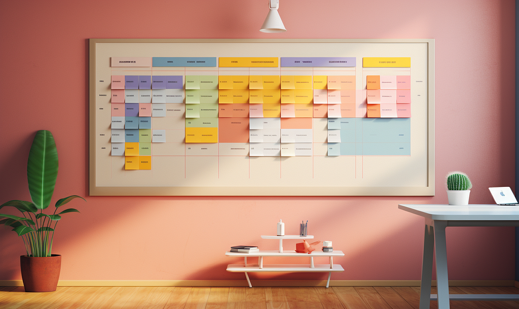A large Kanban board on a wall with nice pastel color scheme.