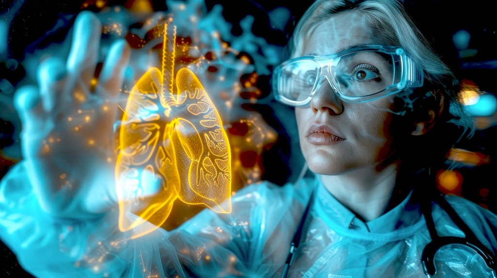 Image of woman looking at human lungs