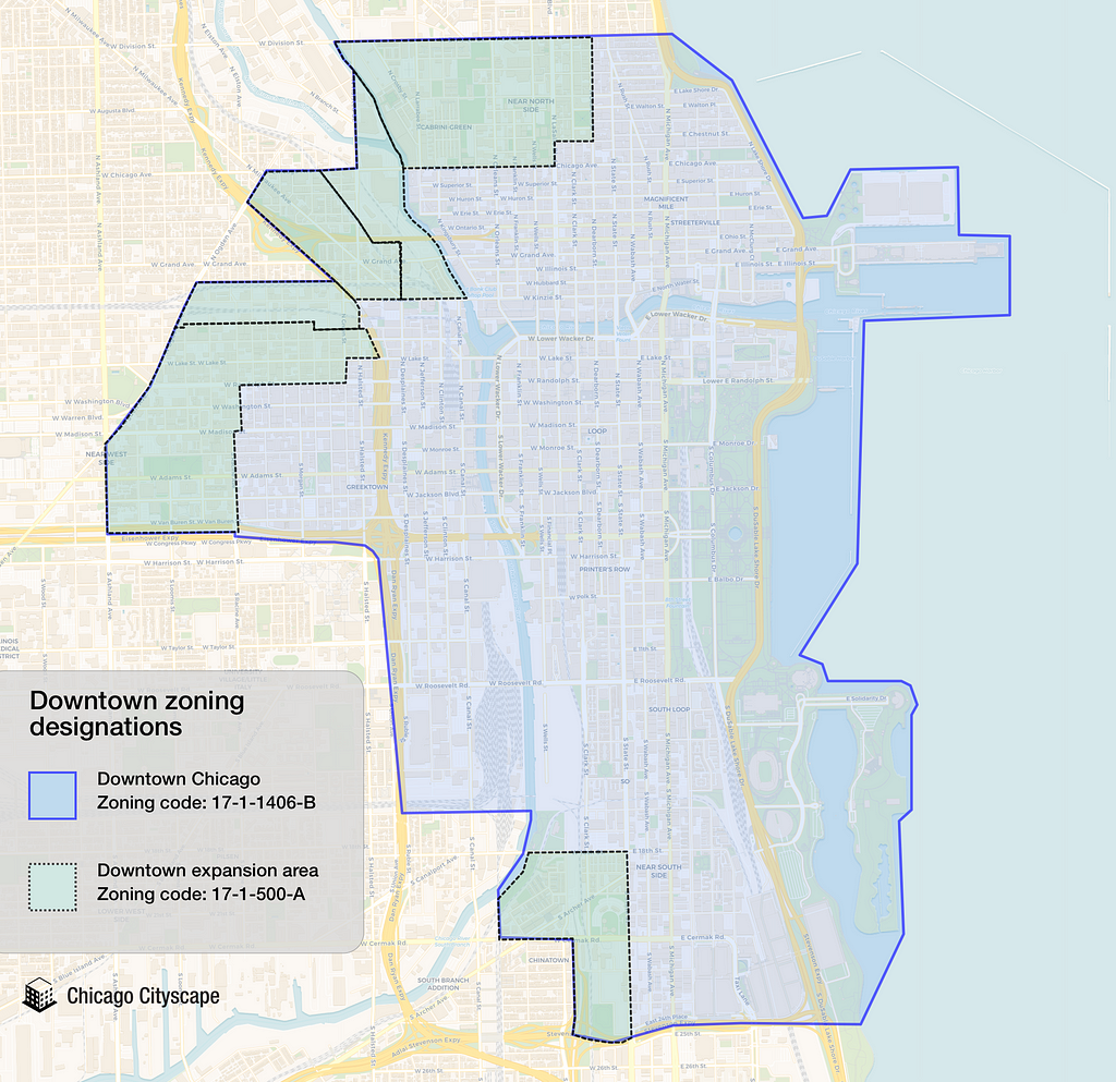 map of Chicago’s downtown area and downtown expansion area, as defined by the Chicago zoning code