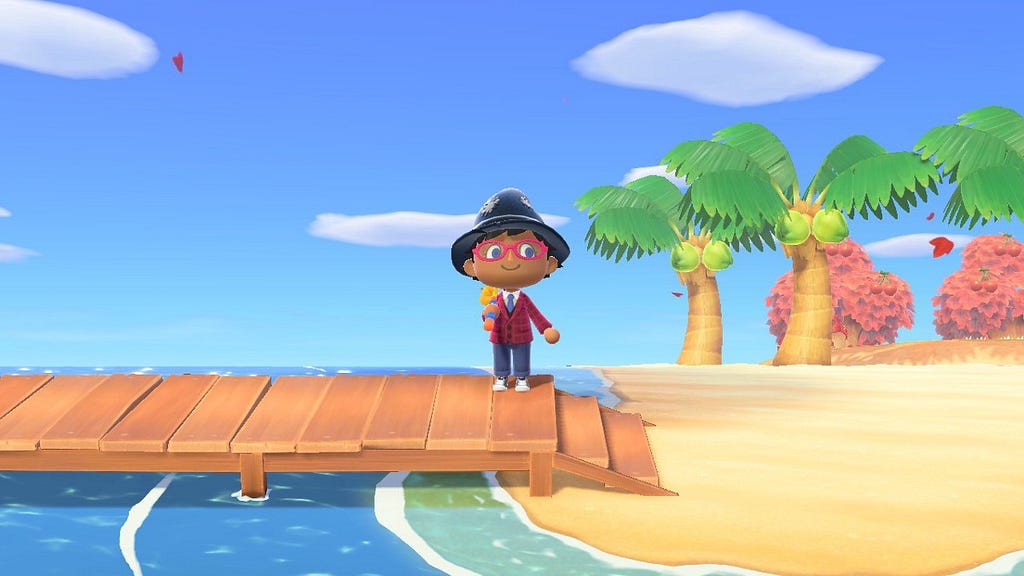 Image of an adorable game character with a wizard hat, standing on a dock by the water with coconut trees in the background.