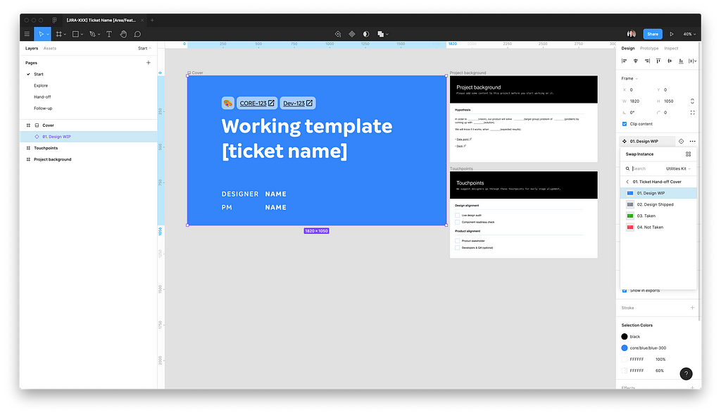 Start page of our ticket files, including a cover template, project brief and checklists