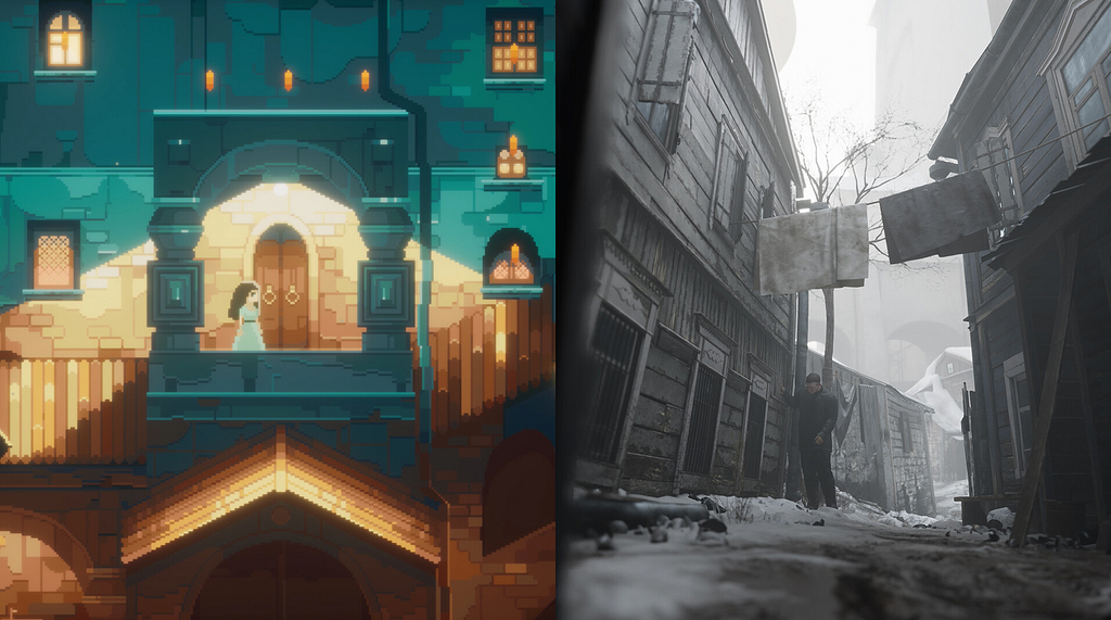 Two screenshots shown side by side: one from Indika’s pixel-art memory sequences and the other from the game’s realistic world, highlighting the contrast between the two visual styles.