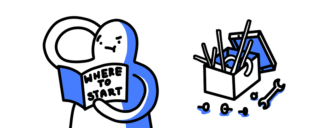Doodle of a man scratching his head while reading the manual “Where to start.” Behind him, there is a box with tools and parts