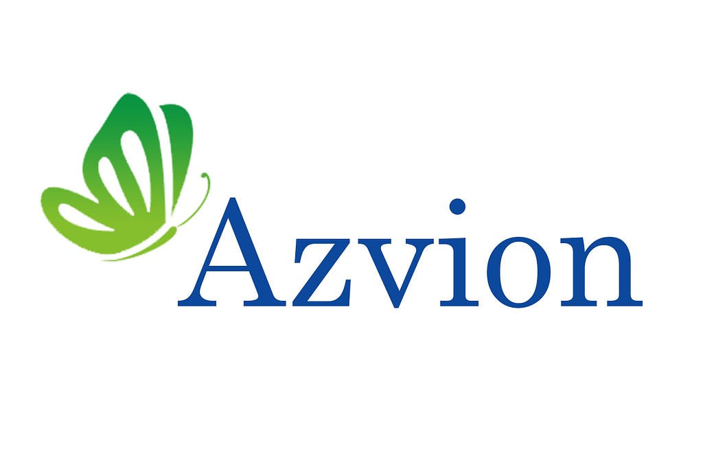 Azvion company logo of green butterfly as a nod to mental health and blue text of the company name, Azvion