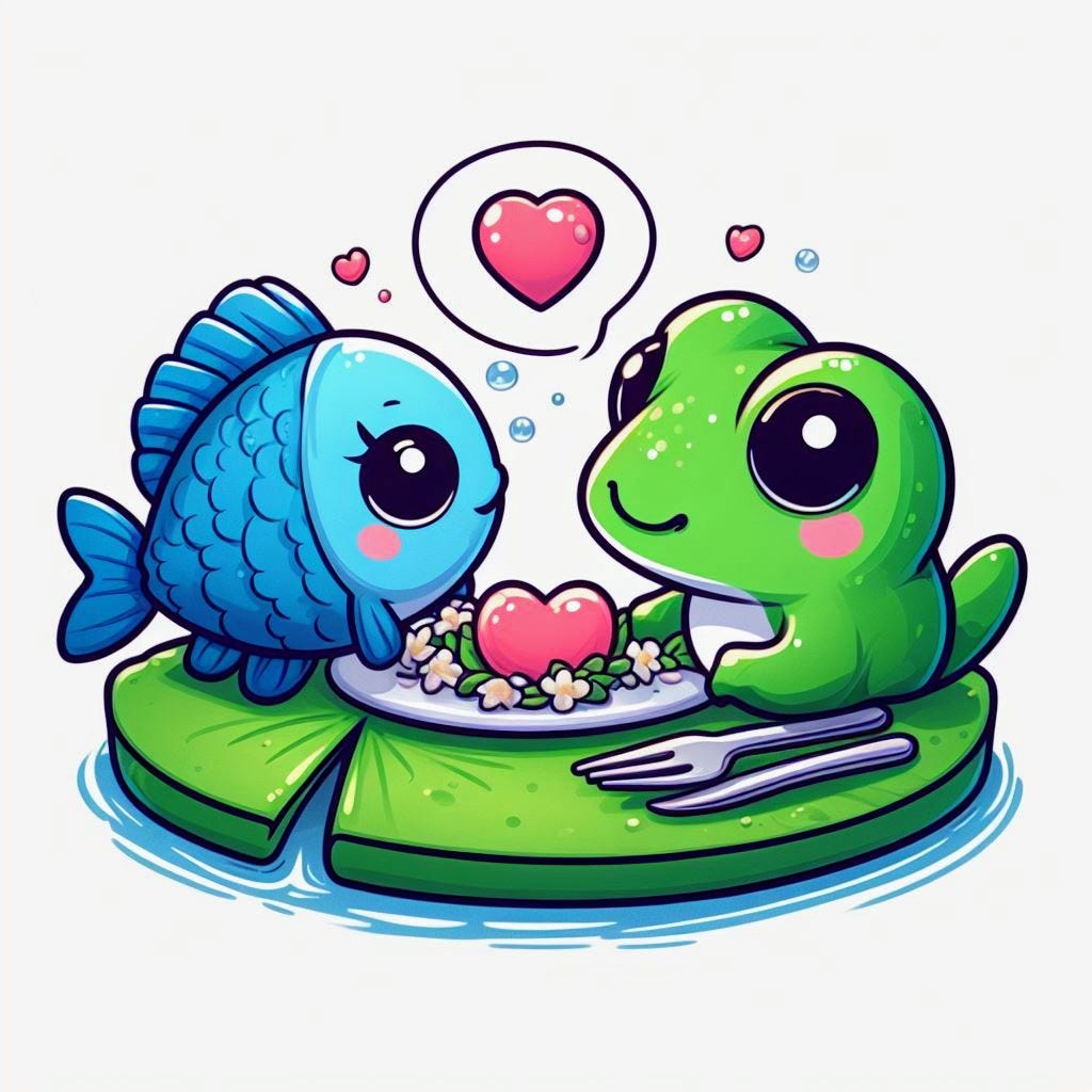 Picture of a frog and a fish sitting together with a heart in the middle