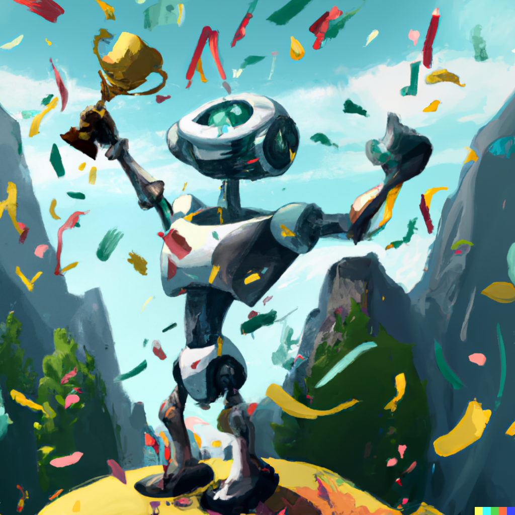 A happy robot standing on a mountain top raising its hands and holding up a trophy, confetti in the background
