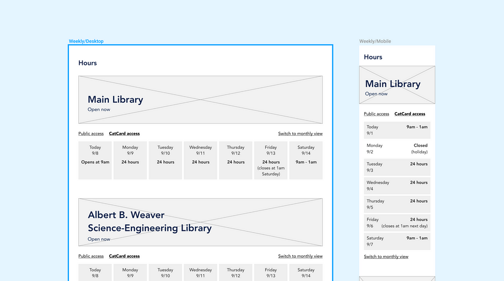 Low fidelity prototypes in desktop and mobile layouts