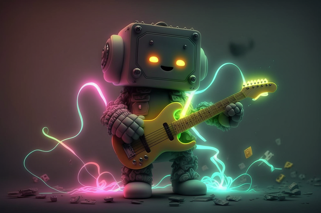 A cute robot playing a guitar.