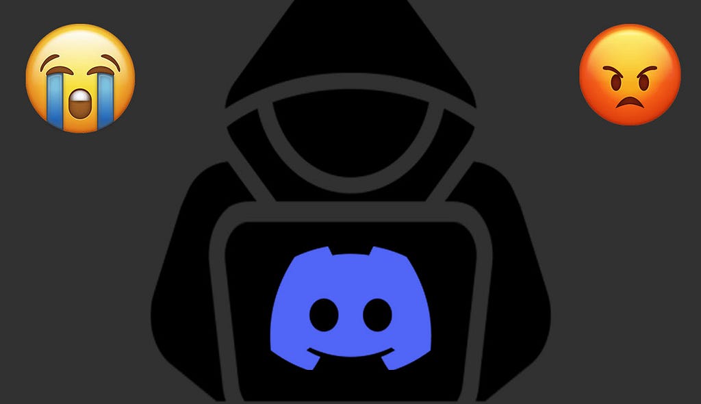 Image of a shady figure accessing Discord. Two emojis are in the background: Crying emoji and angry emoji.
