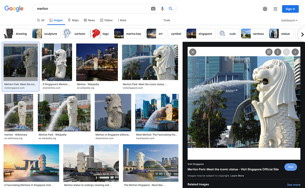 Google image search result with a keyword, Merlion