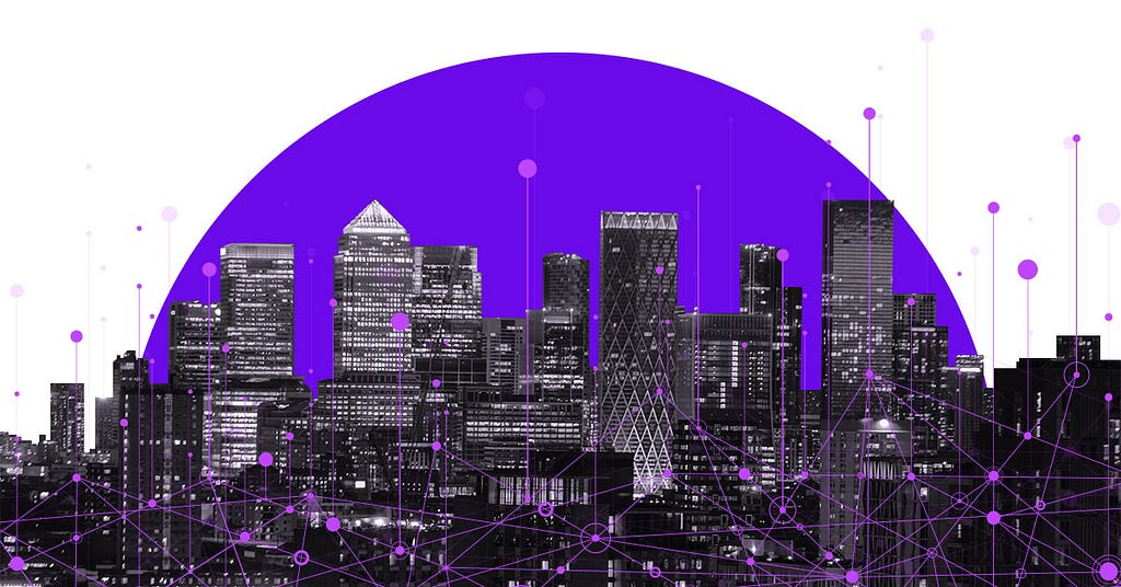 A city with tall buildings, purple sky, and purple lines connecting the buildings