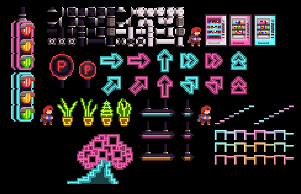 A decal sheet of multiple decals made for the map Square the Circle. There are decals of traffic lights, vending machines, faux potted plants, ceiling lamps, railings, and arrows. There is also a sprite sheet of pipes on the top portion of the screen, and a neon sign of a pink tree with a blue trunk.