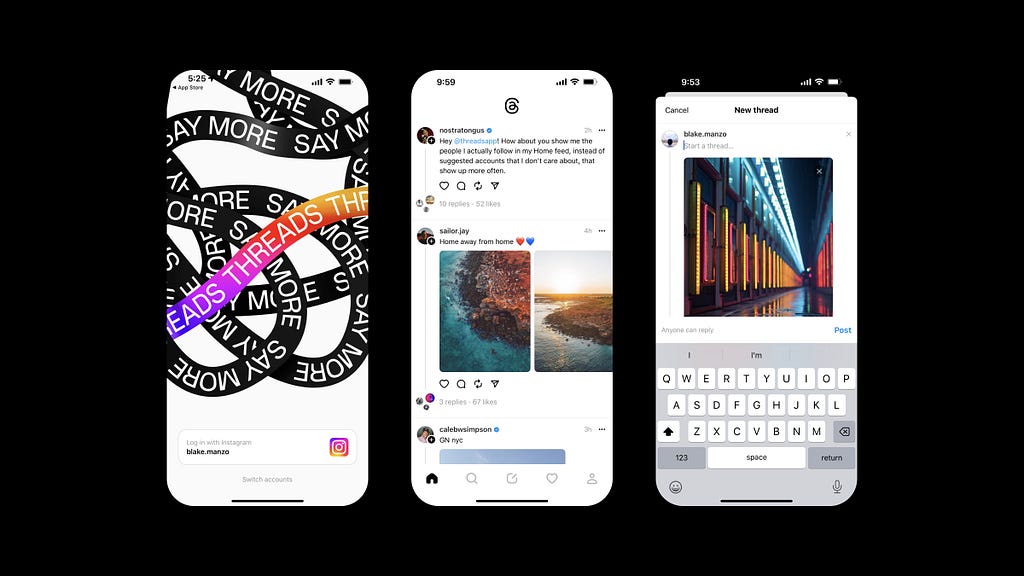 3 screenshots of the Threads App by Instagram, the homepage, the home feed, and posting an image