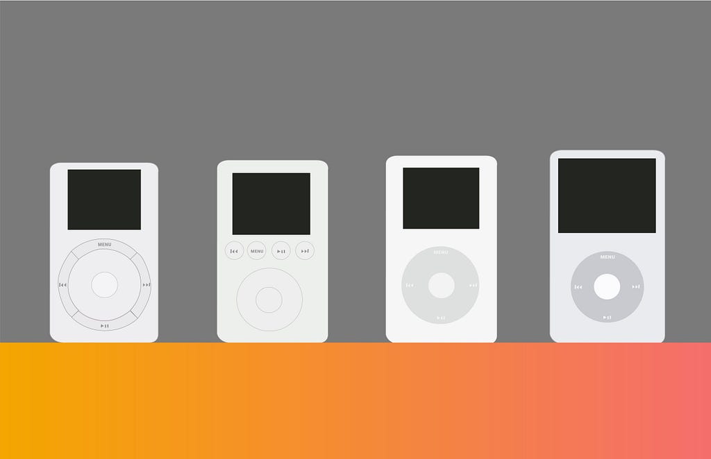 Illustration of the first four generations of the Apple iPod helping to compare them, in ascending order.