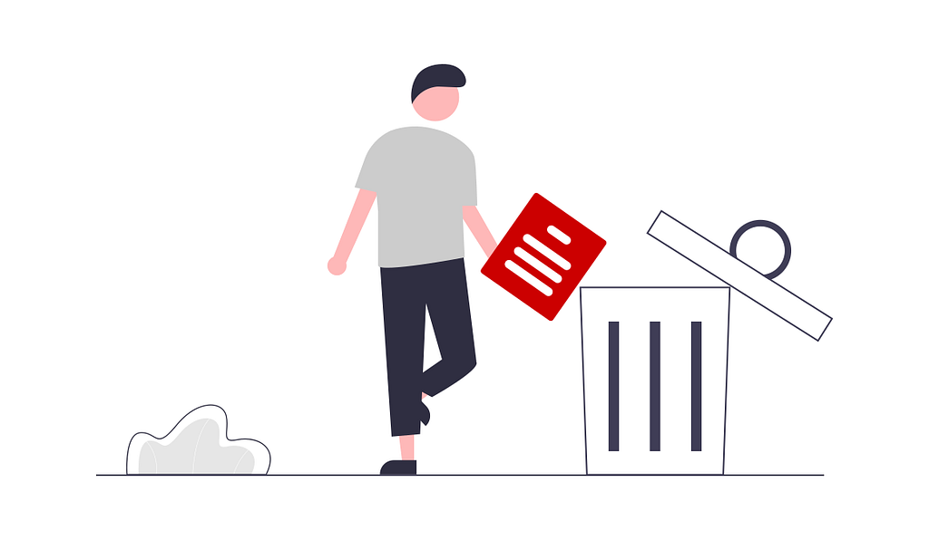 Person throwing away a document into a trash can