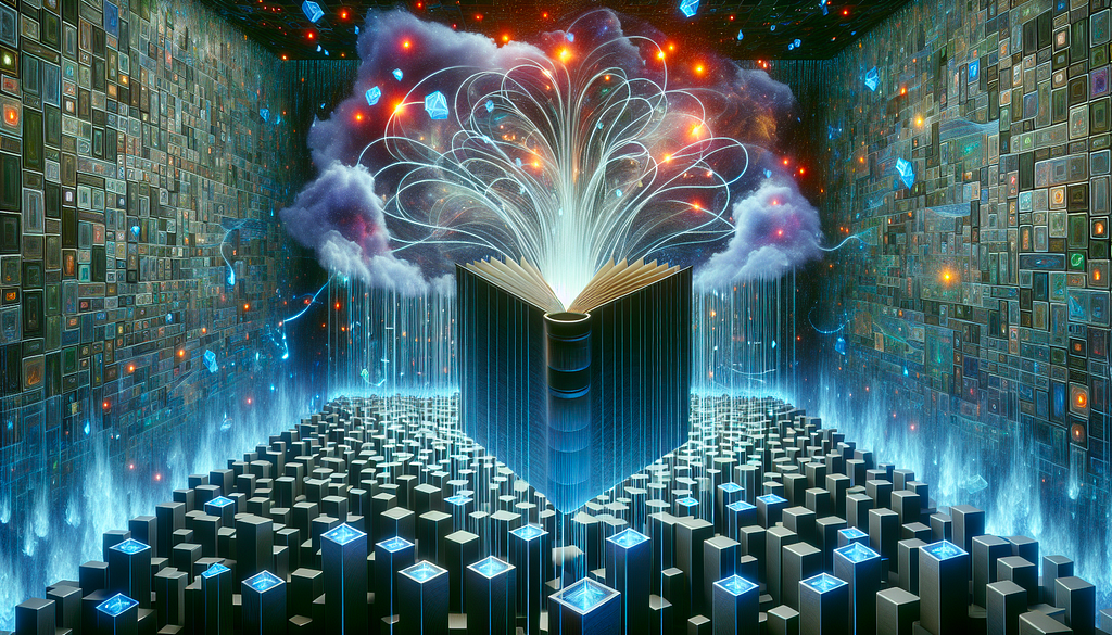 A surreal representation of a Language Model on Kubernetes with GPU nodes. An ethereal book symbolizes the model, emitting luminous words transforming into data packets. Kubernetes forms a labyrinth of floating ice-blue cubes connected by bright lines, representing network traffic. GPU nodes are imposing towers radiating dynamic energy waves for processing power. The backdrop is an obscure digital cosmos, capturing the intrigue of the cloud environment.