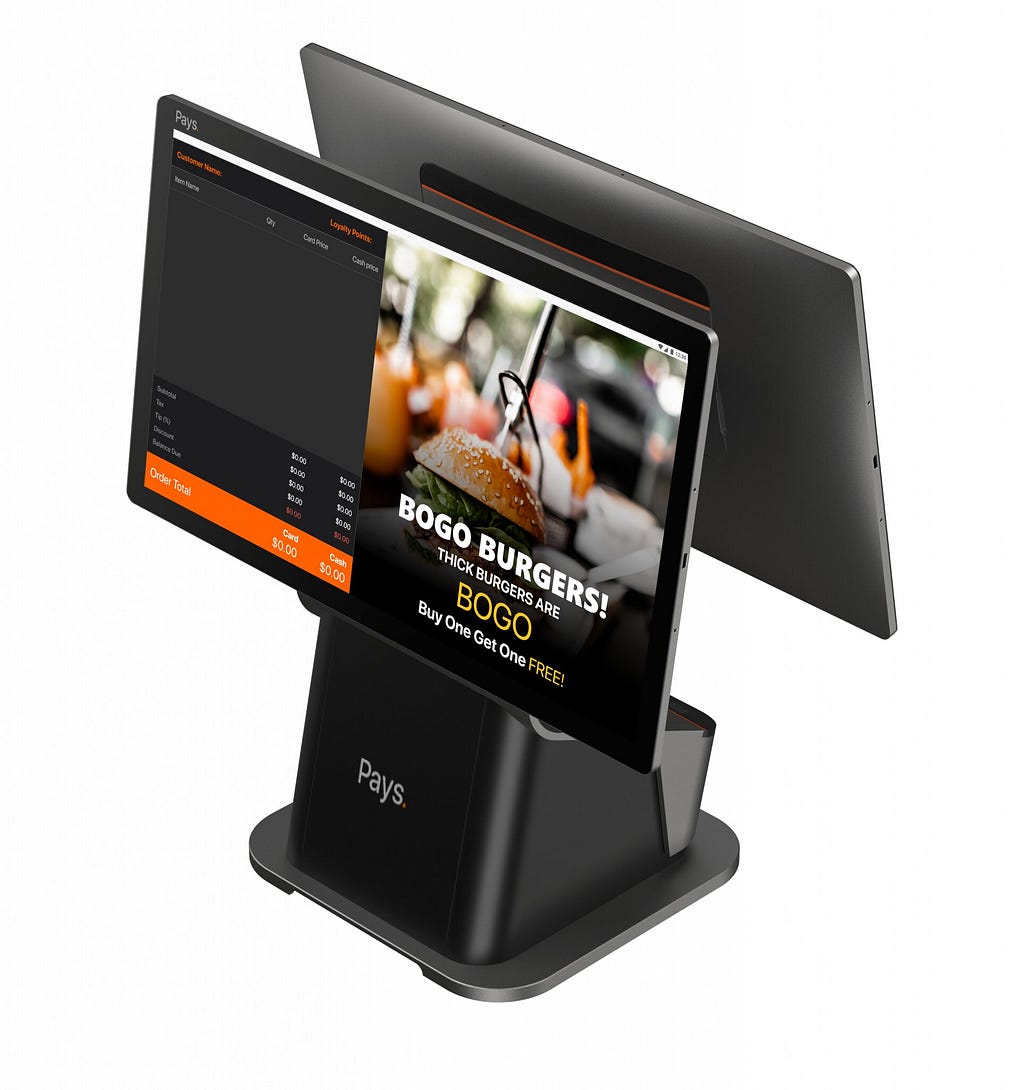 Pays POS system displaying a Buy One Get One Free (BOGO) burger promotion on a sleek touchscreen interface, ideal for food businesses to enhance customer engagement and sales.
