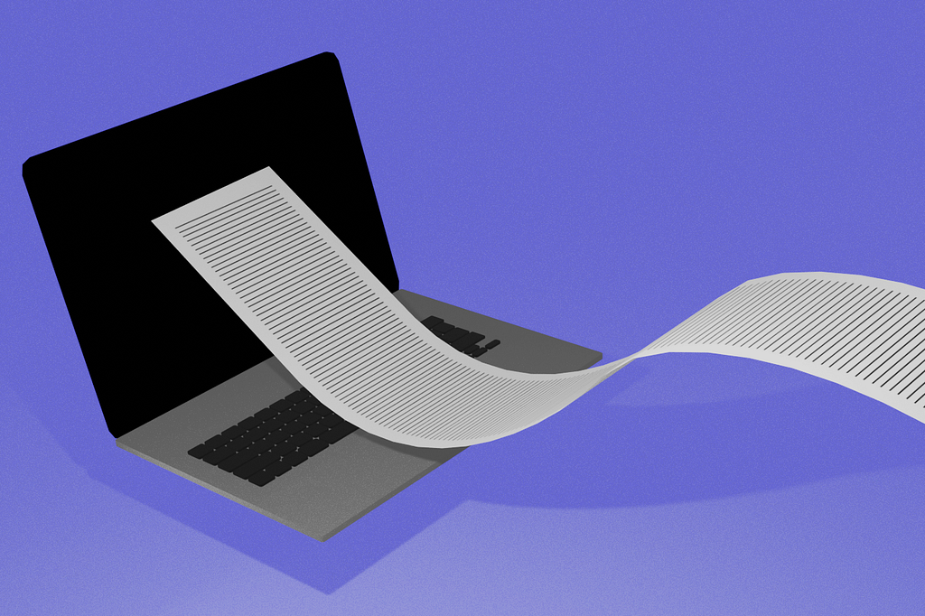 An illustration of a long sheet of paper billowing out of a laptop screen.