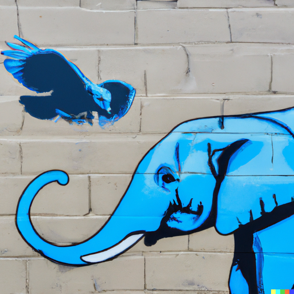 A blue bird and elephant in street art style, generated by DALL-E