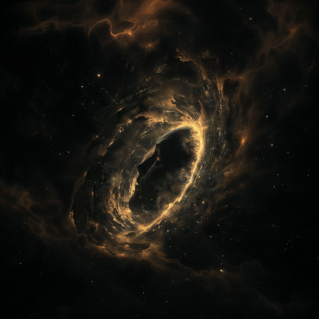 A creepy dark face in the center of a swirling black hole in outer space, surrounded by gas clouds that are being sucked in.