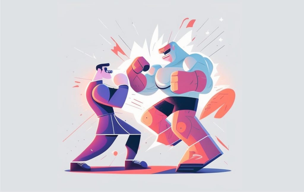 comic picture showing a human fighting against an AI