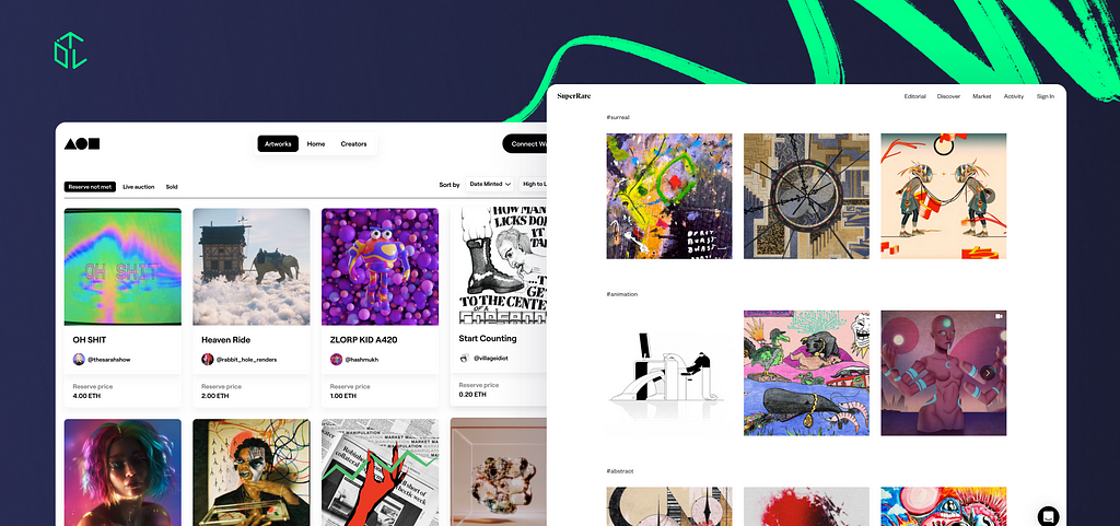 Examples of NFT marketplaces foundation.app and SuperRare