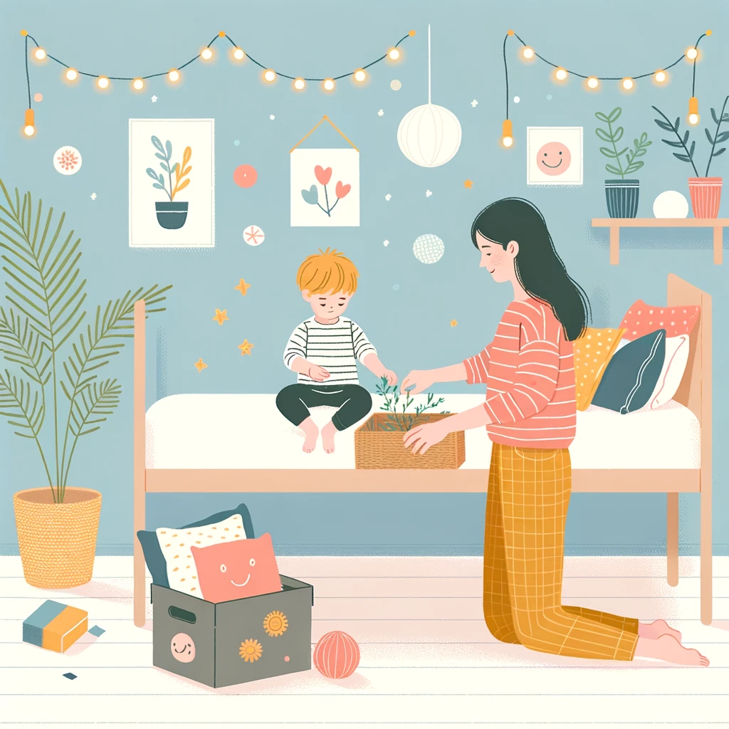 Mother and toddler collaboratively decorating a new bed, enhancing it with cozy pillows and enchanting fairy lights