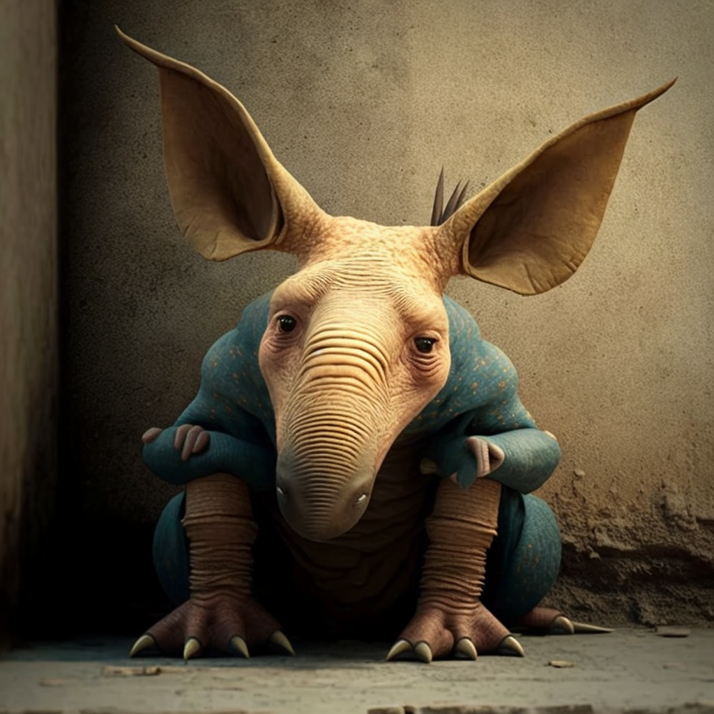 An ugly aardvark wearing a blue shirt.