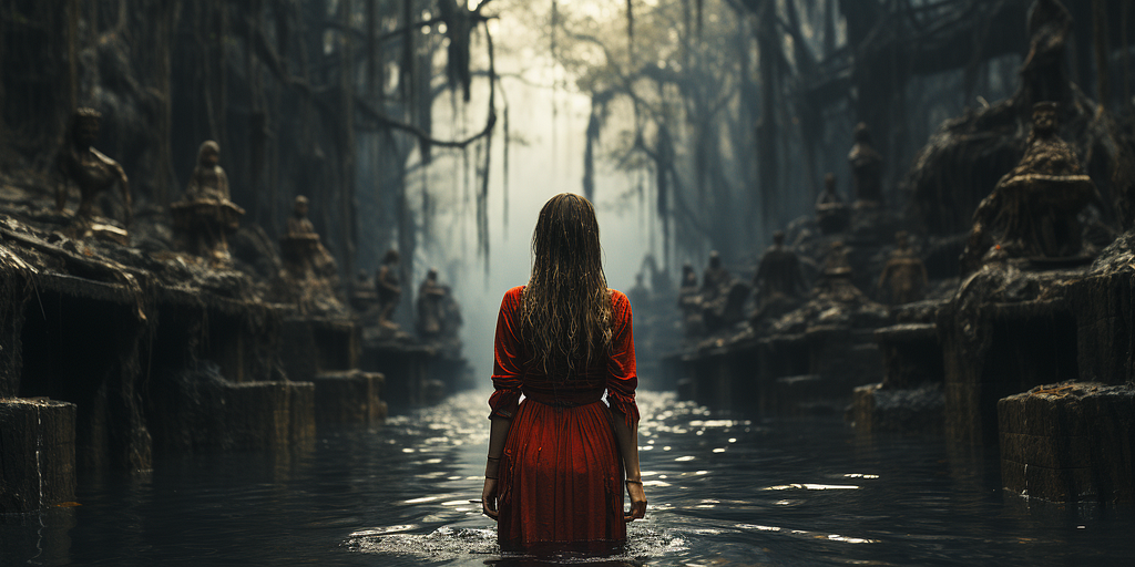 A swamp with the remains of a civilization a woman in a red dress walks away from camera