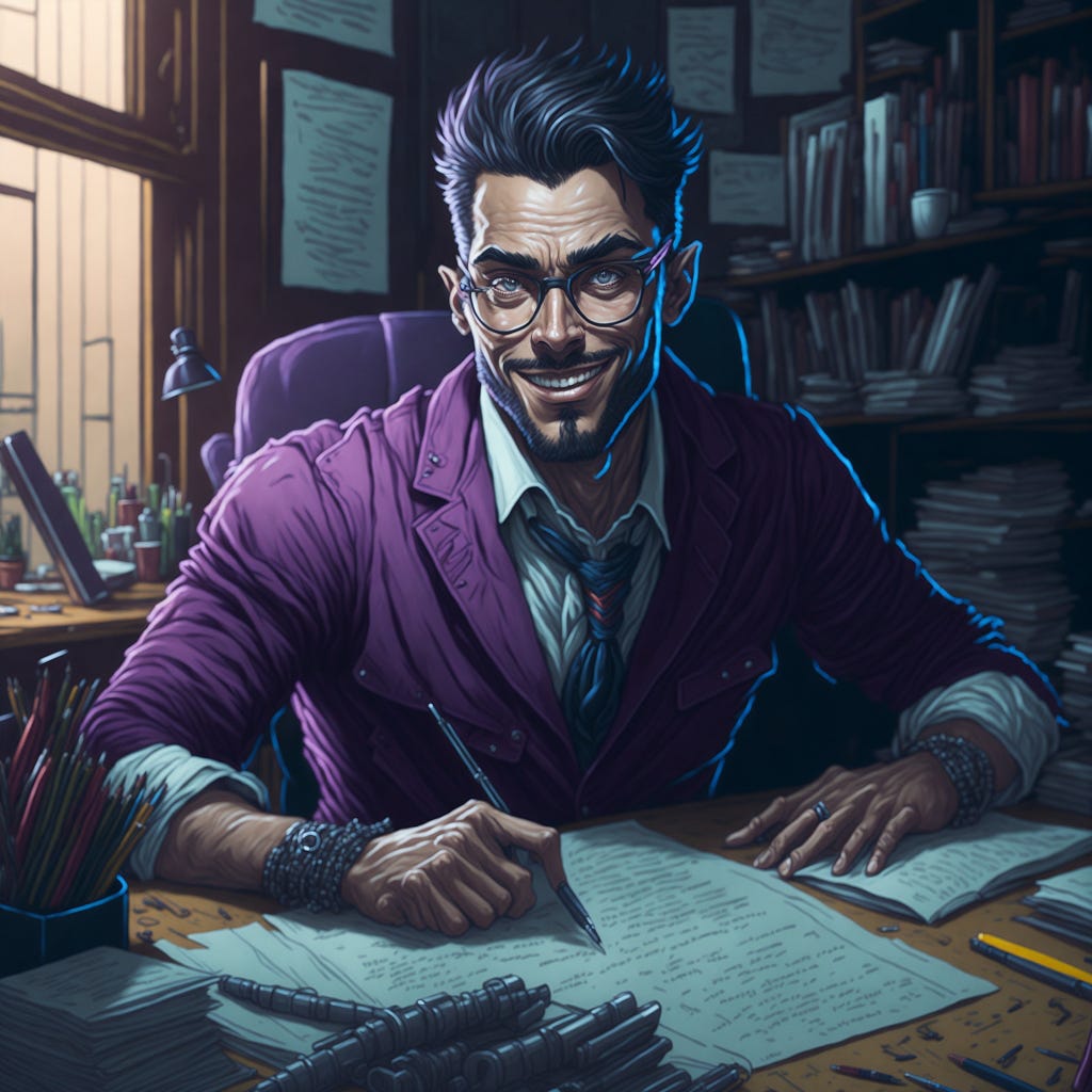 An AI-generated image of a handsome well-dressed purpose-suited man sitting at his desk