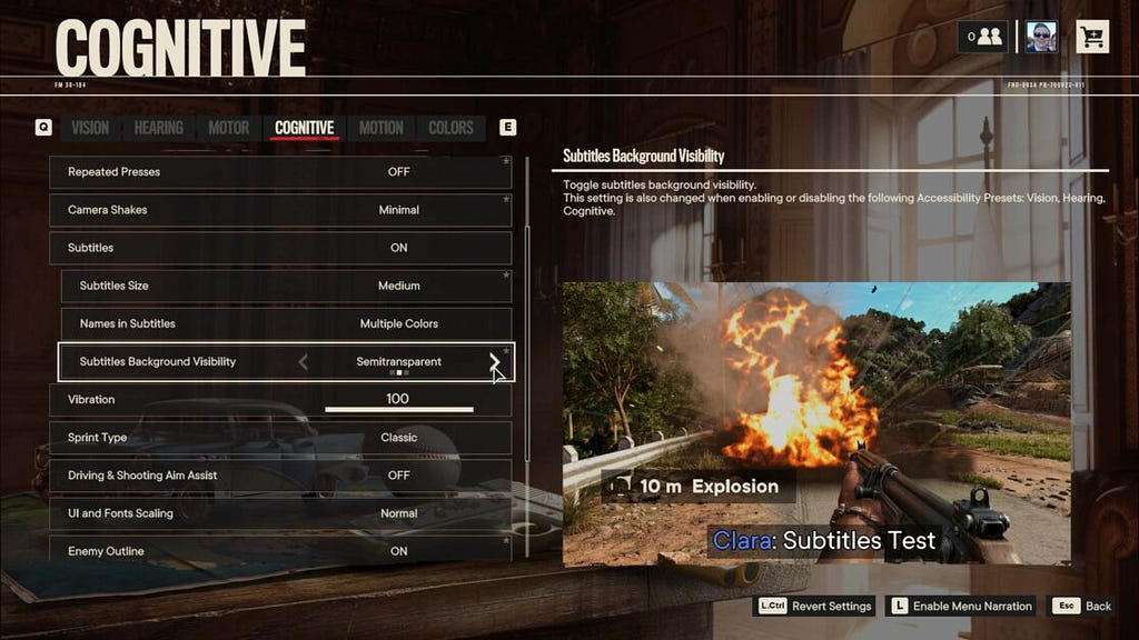 Options menu for Far Cry 6, featuring audio source accessibility options and a sample image on the right of the enabled options.