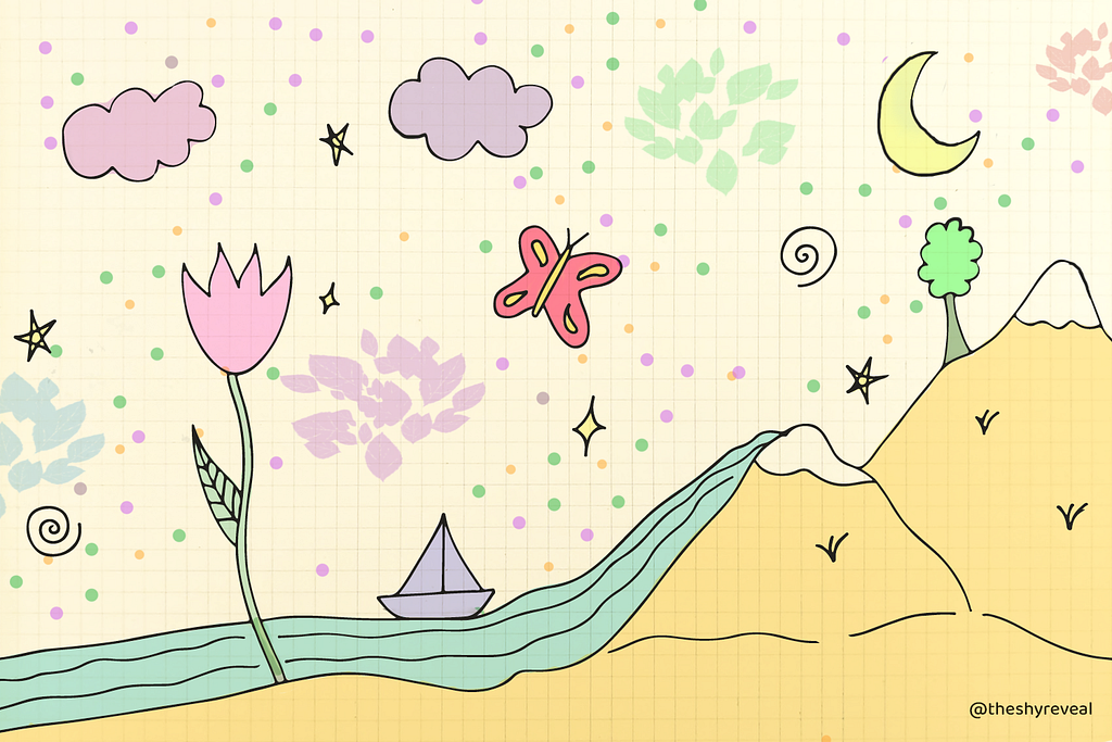 A colorful world with mountains and a river, and clouds, and a tall tulip, and a butterfly.