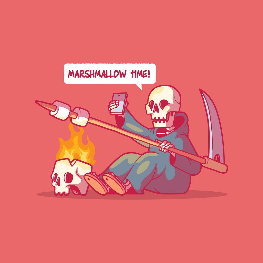 A cartoon illustration featuring the Grim Reaper wearing a dark hooded robe, sitting down and roasting marshmallows over a flaming skull. The Grim Reaper is holding a long stick with marshmallows on one end and a smartphone in the other hand. The scythe is resting beside him. A speech bubble above reads, “MARSHMALLOW TIME!”