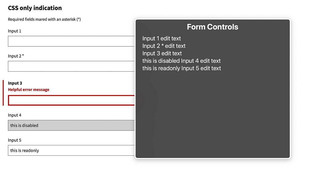 Rotor menu listing form controls where the HTML attributes are not applied, and therefore, not present in the rotor, so there is no way to tell which form fields have errors, are disabled, or read-only. Behind the rotor shows the form fields where in the visual design presentation, these states are clear.