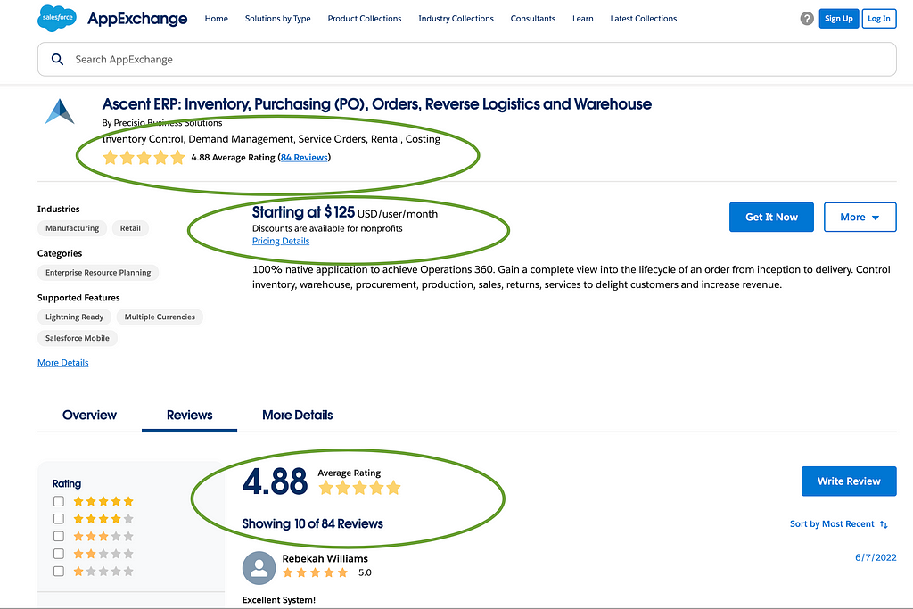 Salesforce AppExchange Ascent ERP Listing Callouts