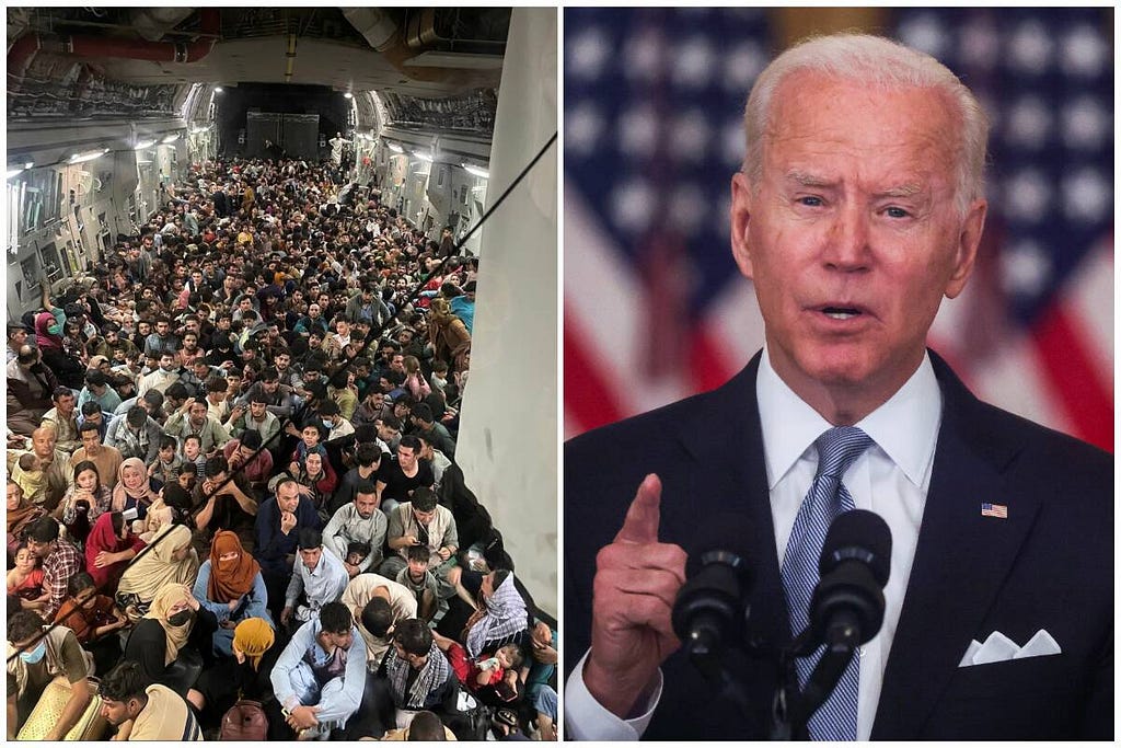 (Left) Evacuees crowd the interior of a U.S. Air Force C-17 Globemaster III transport aircraft, carrying some 640 Afghans to Qatar from Kabul; (Right) US President Joe Biden delivers remarks on the crisis in Afghanistan during a speech in the East Room at the White House in Washington. (Reuters Photo)
