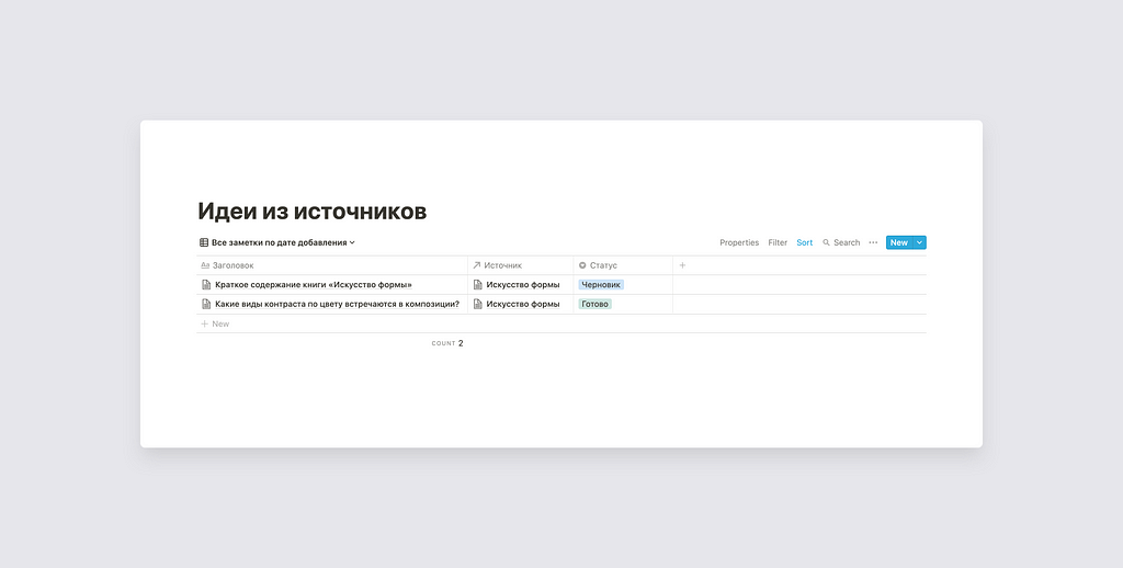 Таблица с идеями из источников по системе Zettelkasten в Notion