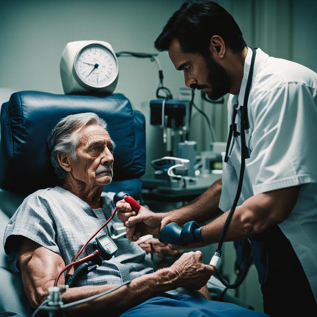 Medic using blood pressure measure on patient.