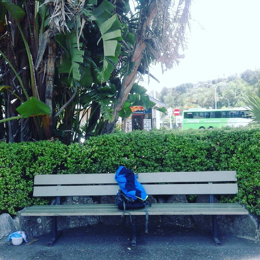 Photo of a backpack and a blue outerwear on a bench in front of some greeneries.