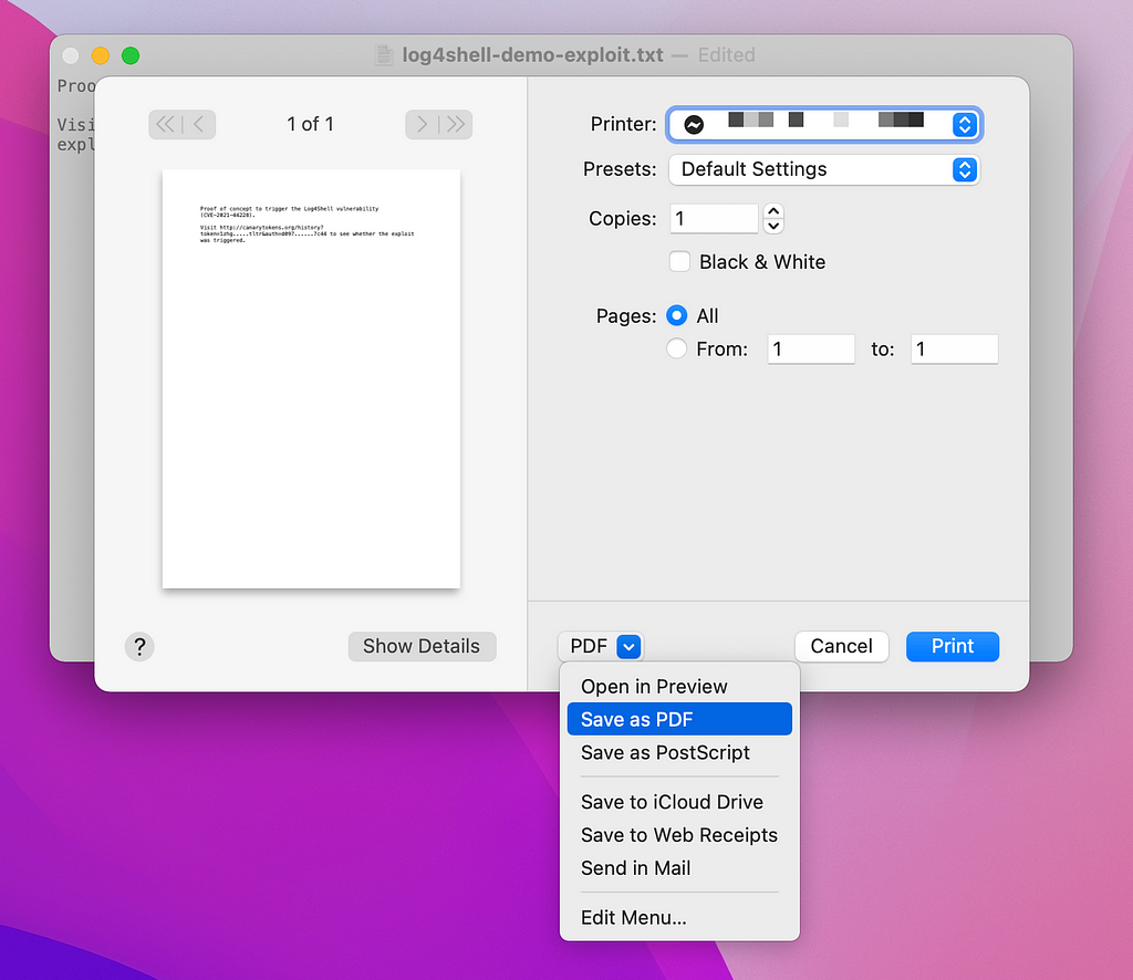 A macOS print dialog, showing the option to “Save as PDF”.