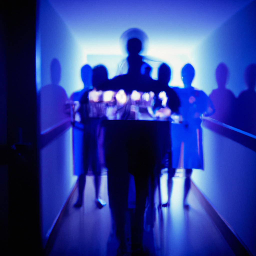 An image of blurry blue human silhouettes in a hallway.