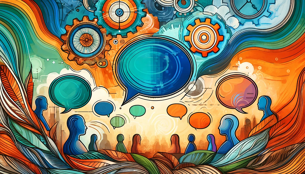 An abstract illustration symbolizing emotional intelligence and soft skills in the workplace. The image uses warm colors like reds, oranges, and yellows. It features a brain and interconnected human figures representing empathy, self-awareness, and teamwork. The composition is balanced and engaging, highlighting the key elements in a visually appealing manner. The interconnected nodes emphasize collaboration and the dynamic flow of ideas and emotions in a professional setting.