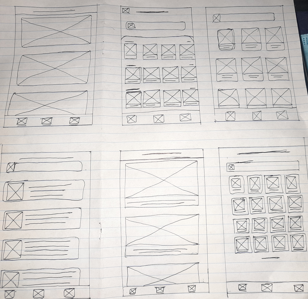 Paper sketch of six wireframes