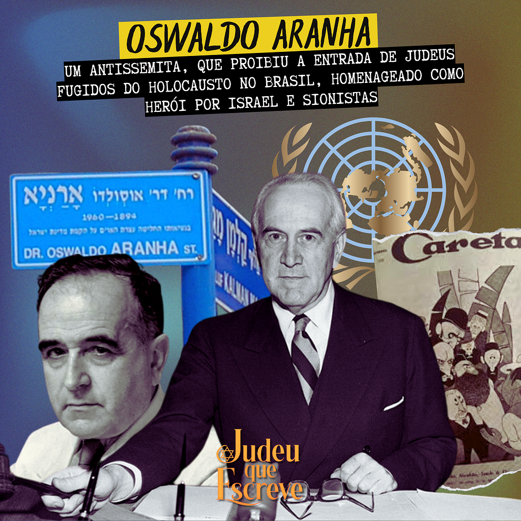 Título “Oswaldo Aranha: um antissemita, que proibiu a entrada de refugiados judeus do Holocausto no Brasil, homenageado como herói por Israel e pelos sionistas”. A imagem é uma colagem que inclui uma figura central identificada como Oswaldo Aranha, que está sentado a uma mesa sobre um fundo azul e vários elementos a ele associados. Há uma foto de um homem com o rótulo “Dr. Oswaldo Arthur Aranha” e uma seção de revista com o logotipo “Careta”. No fundo, há uma imagem de Getúlio Vargas.