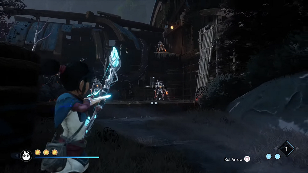 Combat scene with character aiming a glowing bow; HUD shows health, abilities, and ammo indicators.