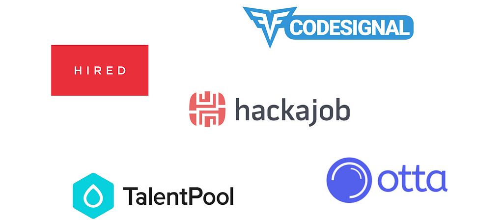 Logos of the competitors we evaluated. They were: CodeSignal, Hired, Hack A Job, Talent Pool and Otta.