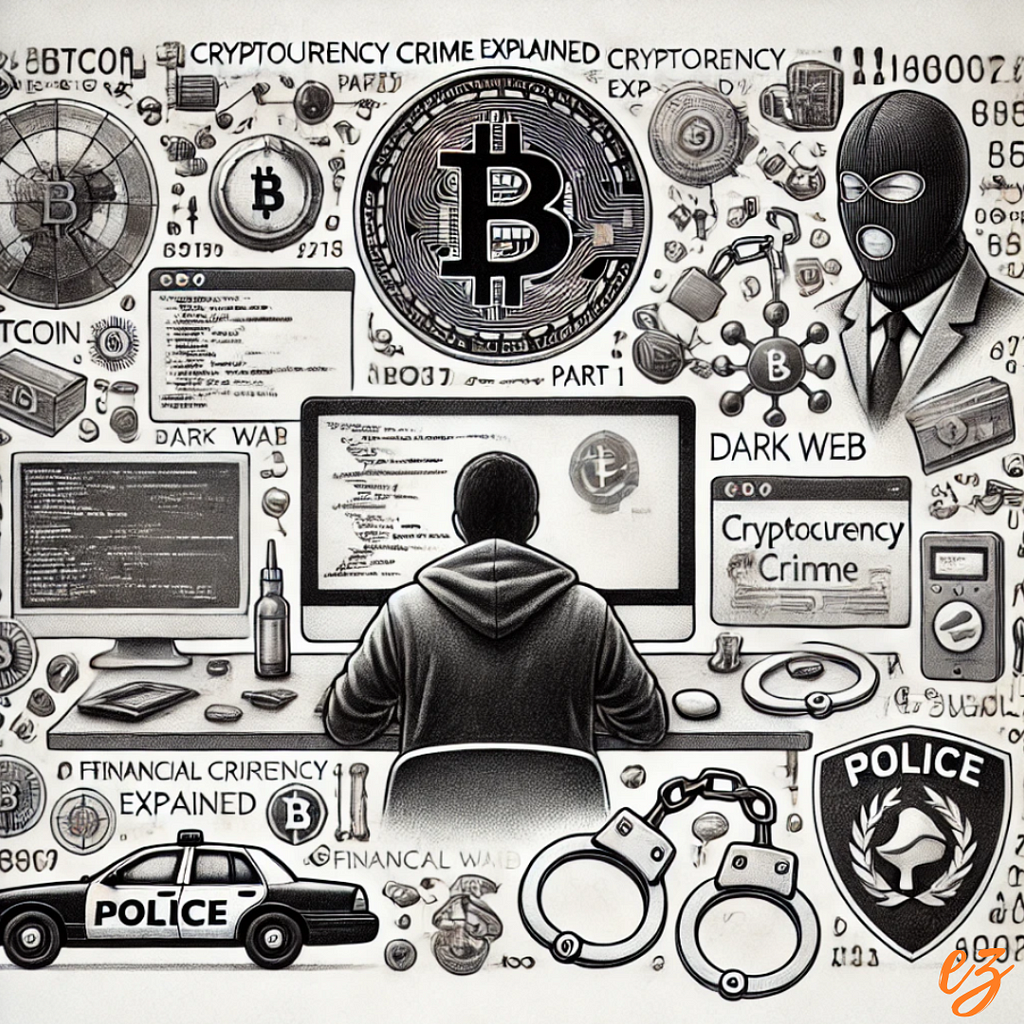 A black and white pencil sketch depicting elements of cryptocurrency crime including Bitcoin, a hacker, and law enforcement symbols.